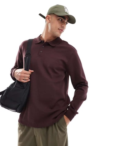 ONLY & SONS avslappnad passform långärmad polo-tröja i burgundy