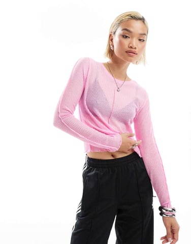 ENDAST långärmad topp med grönsakskant i genomskinligt rosa
