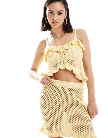 ASOS DESIGN virkad crochettopp med volang och knytdetalj i citron