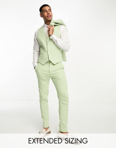 ASOS DESIGN bröllop super skinny ullblandning hundtandsmönstrad väst i salviagrön