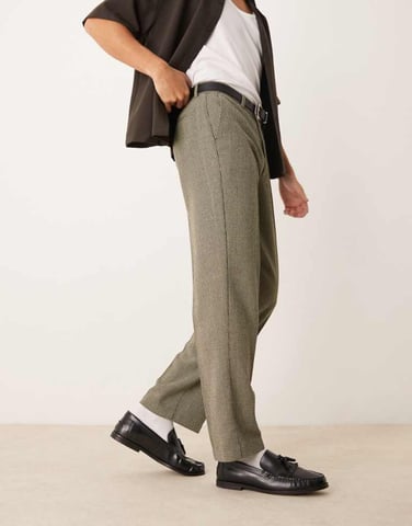 ASOS DESIGN smart raka byxor i ullblandning i mörkgrön hundtandsmönster