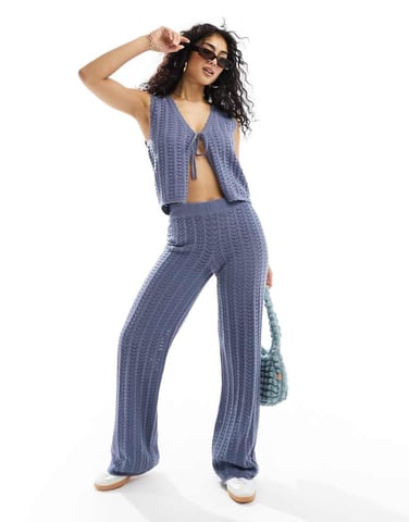ASOS DESIGN stickad byxa i pointelle-stickning i blått set