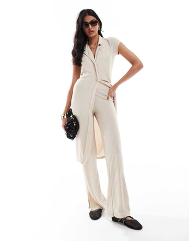 Vero Moda vida byxor med ribbat jersey i havre