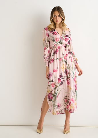 Vestido midi cruzado de gasa brillante con estampado floral rosa