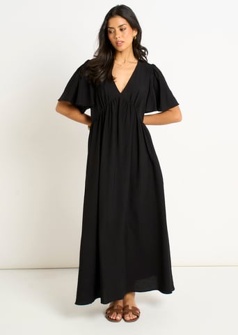 Vestido largo skater negro con cuello en V y mangas acampanadas