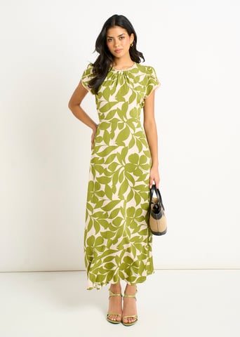Vestido largo con cintura elástica y mangas de pétalos verdes