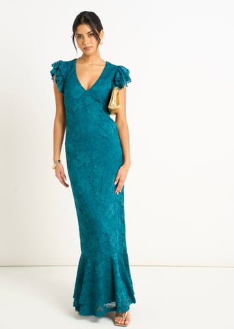 Vestido largo con cuello en V, volantes y encaje de jersey verde azulado