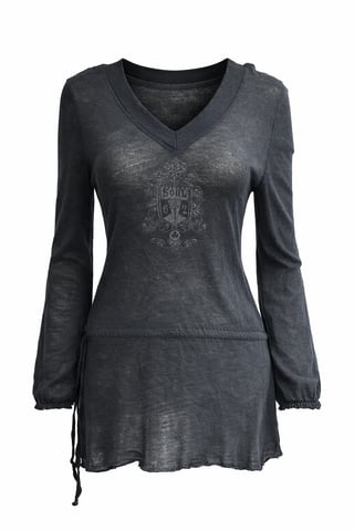 Top de manga larga con cuello en V y lavado vintage