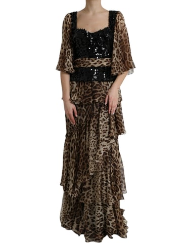 Vestido largo tipo maxi con estampado de leopardo y lentejuelas en capas
