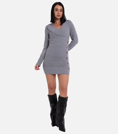 Vestido mini de punto gris con detalle de botones