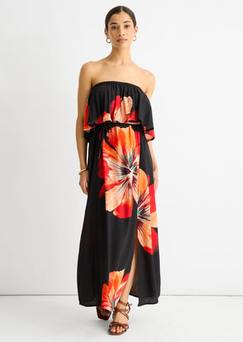 Vestido midi negro de viscosa con volantes y abertura estilo Bardot