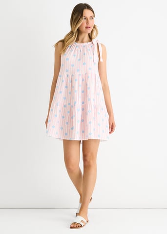 Mini vestido de verano de algodón con rayas florales rosas y lazo