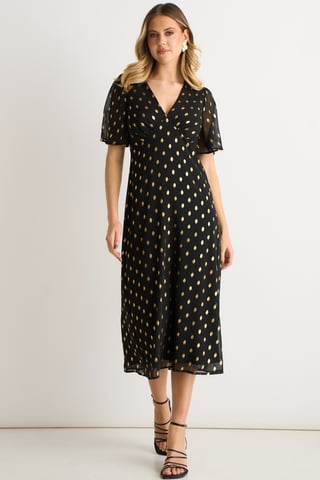 Vestido Midi Skater de Foil con Escote en V Negro