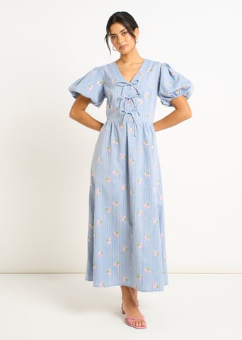 Vestido midi azul de algodón mezclado con detalle de lazo y mangas abullonadas