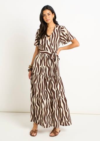 Vestido midi cruzado con estampado de cebra y chocolate