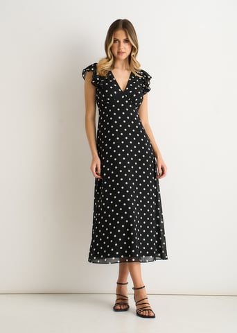 Vestido midi skater negro con cuello en V y mangas acampanadas