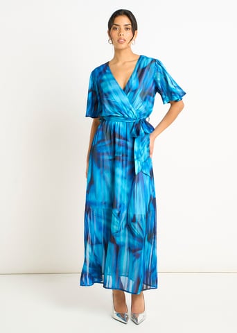 Vestido midi cruzado con estampado tie dye azul