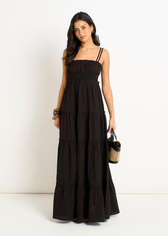Vestido largo acampanado con tirantes fruncidos de algodón negro