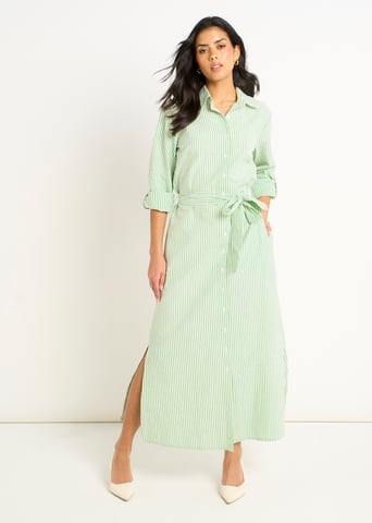 Vestido camisero verde de manga larga con rayas de seersucker