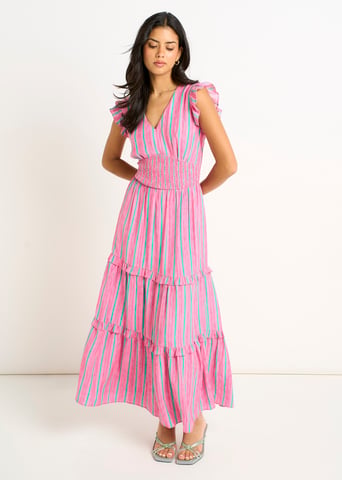 Vestido largo con cintura fruncida y rayas rosas de verano
