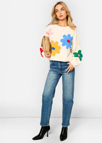 Jersey de punto con flores en 3D de ganchillo color crema