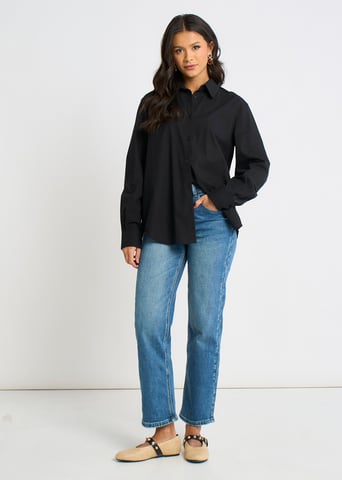 Camisa negra de mezcla de lino con botones
