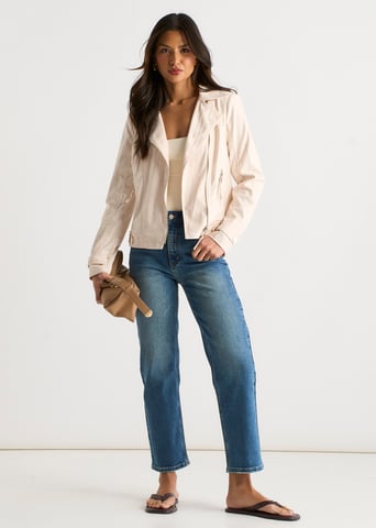 Chaqueta motera con cremallera de pana beige