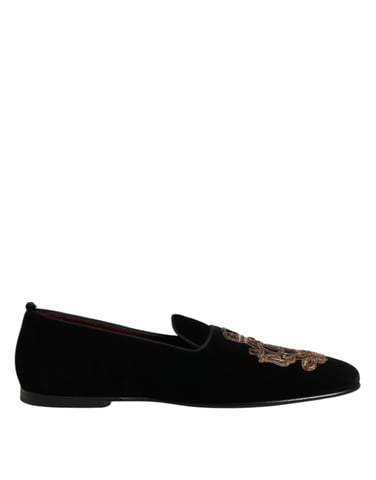 Zapatos Loafers para Hombre de Terciopelo Negro con Corona Dorada de Dolce & Gabbana