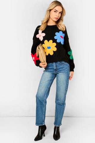 Jersey de punto de ganchillo con motivos florales en 3D en color negro