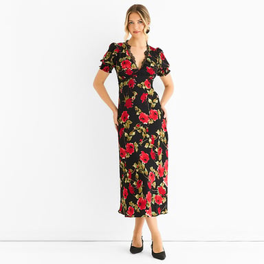 Vestido midi negro con detalles de encaje floral