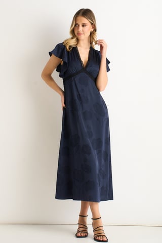 Vestido midi de satén jacquard con estampado floral azul marino y ribete de encaje