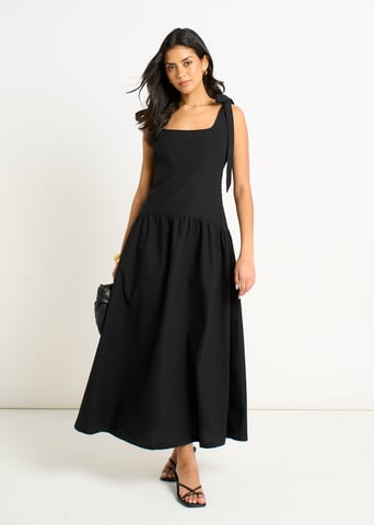 Vestido midi negro de mezcla de lino con cintura baja