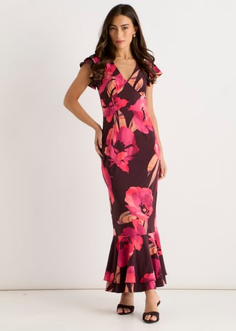 Vestido largo floral con volantes en las mangas, color marrón