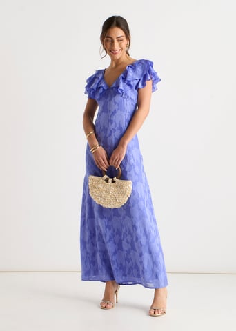 Vestido largo con volantes de jacquard de satén azul