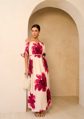 Vestido largo trapecio rosa Bardot