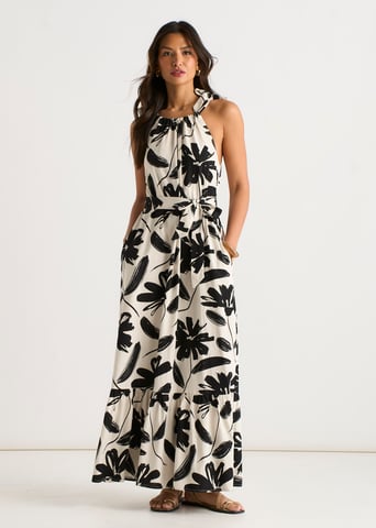 Vestido trapecio con cinturón, de mezcla de lino y estampado monocromático