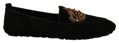 Mocasines negros de cuero con cristal y corona dorada de Dolce & Gabbana