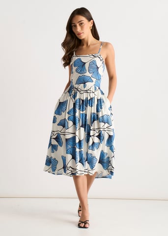Vestido sin mangas de mezcla de lino con estampado floral azul