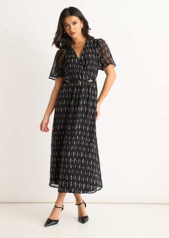 Vestido midi de seda negra con estampado geométrico