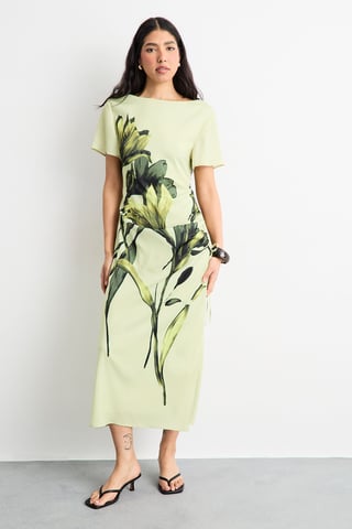 Placement Print Crinkle Satin Ruched Midi Dress