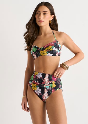 Top de bikini con lazo delantero y estampado floral multicolor tropical