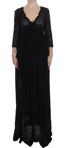 Vestido Largo de Encaje Negro con Manga 3/4