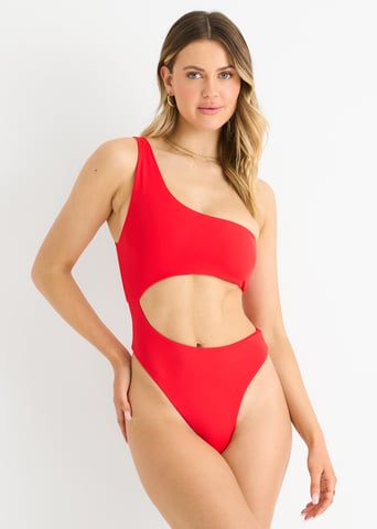 Bañador rojo de un solo hombro con aberturas