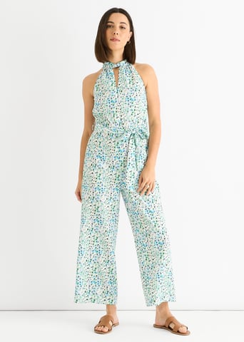 Mono azul con estampado floral y cuello halter
