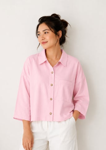 Camisa corta de algodón rosa con botones