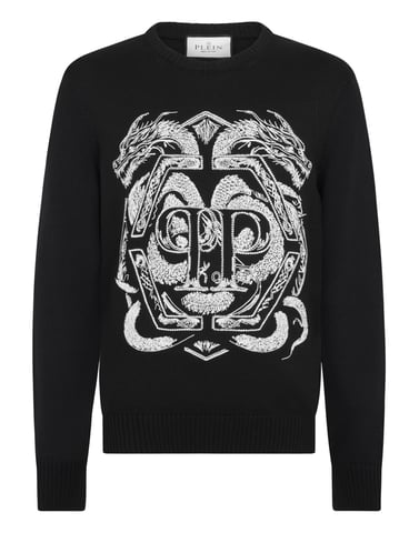 Embroidered Merino Wool Round Neck Pullover Hexagon Dragon