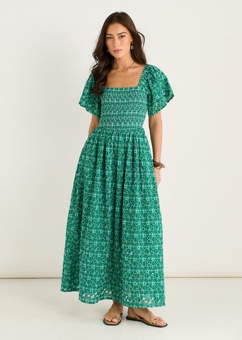 Vestido midi fruncido con bordado floral verde
