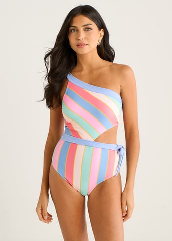 Bañador de un solo hombro con detalle de lazo y rayas multicolores