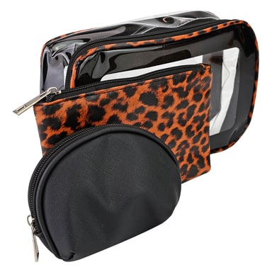 Juego de 3 bolsas de cosméticos para damas con estampado de leopardo, bolsas de maquillaje y artículos de tocador para viajes