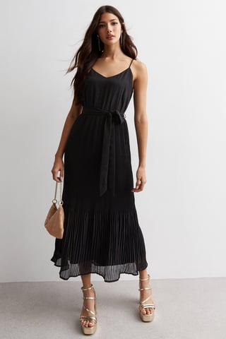 Vestido Midi Plisado con Top de Tirantes Negro